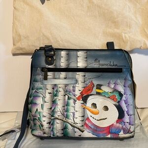 NWT‎ Anuschka Hand Painted Leather Crossbody Shoulder Handbag Snowman Christmas